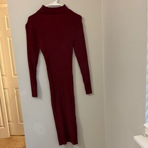 Slim Ribbed Long-Sleeve Midi Dress in Burgundy